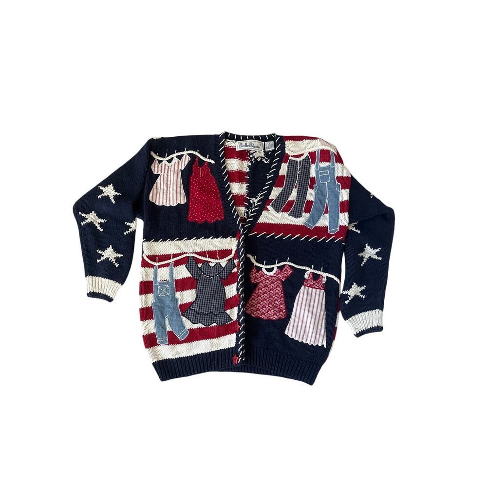 Vintage Belle Pointe Patriotic Americana Novelty Knit Cardigan Sweater